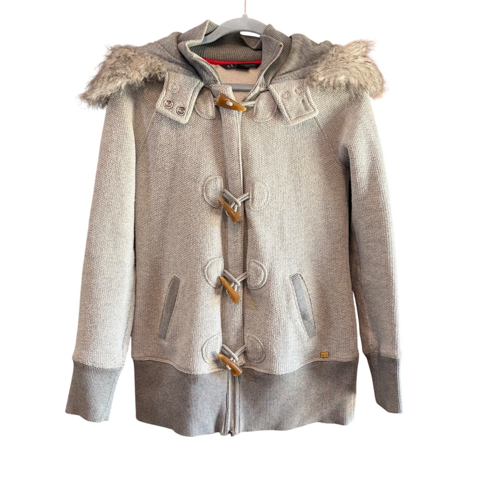 Armani Exchange AX Womens Y2K Gray Knit Toggle Hoodie Faux Fur‎ Trim Jacket Sz M